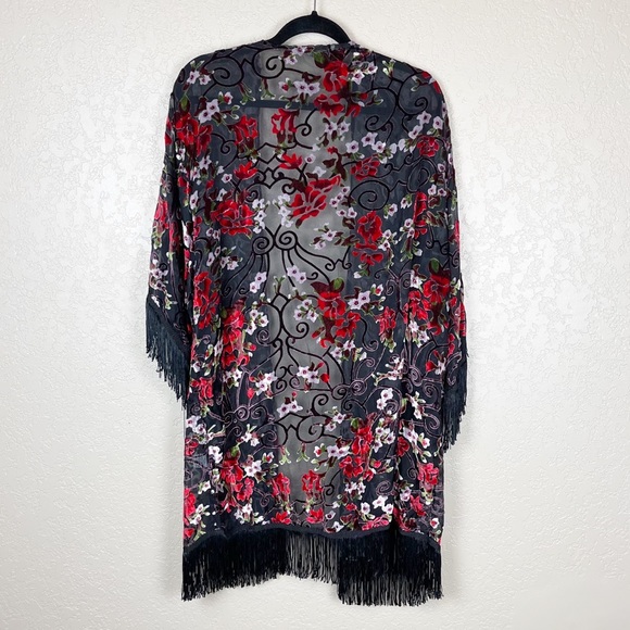 Floral print velvet fringe open front kimono - Picture 6 of 6